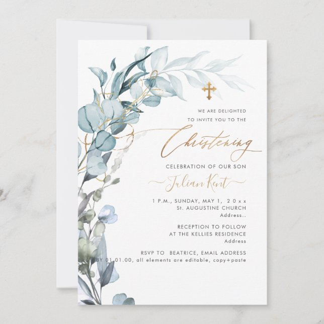 PixDezines H2 Blue Gum Eucalyptus Christening Invitation (Front)