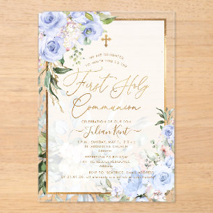 PixDezines H2 Blue Roses First Holy Communion Acrylic Invitations