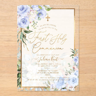 PixDezines H2 Blue Roses First Holy Communion Acrylic Invitations