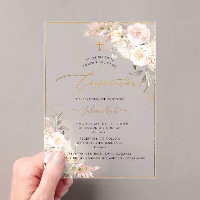 PixDezines H2 Blush Cream Roses Confirmation Acrylic Invitations (Insitu (Handheld))
