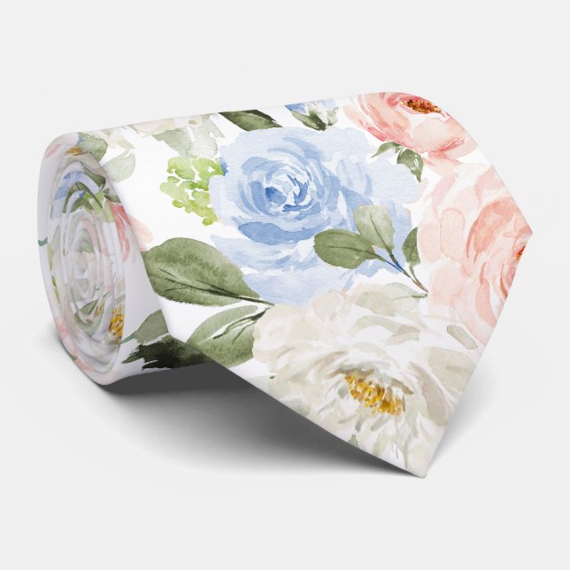PixDezines H2 Blush Navy+Dusty Blue Roses Tie (Rolled)