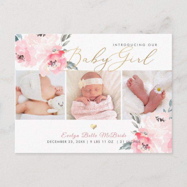 PixDezines H2 Blush Peonies, Birth Announcement Postcard (Front)
