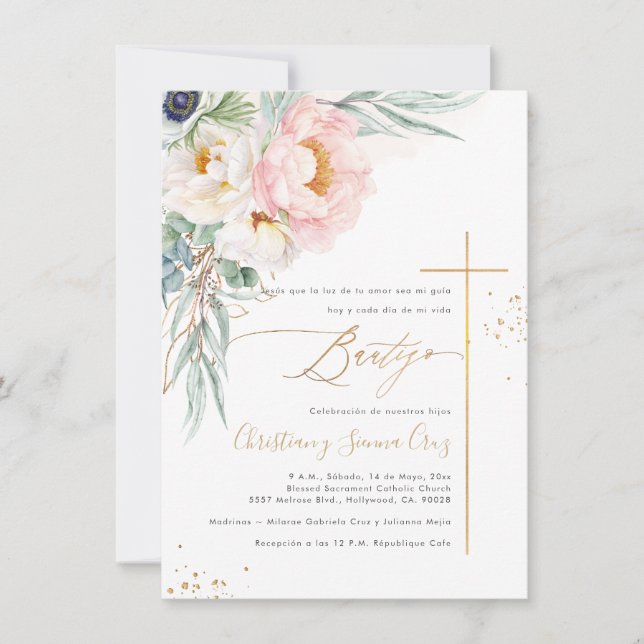PixDezines H2 Blush Peonies Eucalyptus Bautizo Invitation (Front)