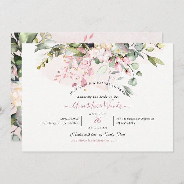 PixDezines H2 Blush Pink Eucalyptus Bridal Shower Invitation (Front/Back)
