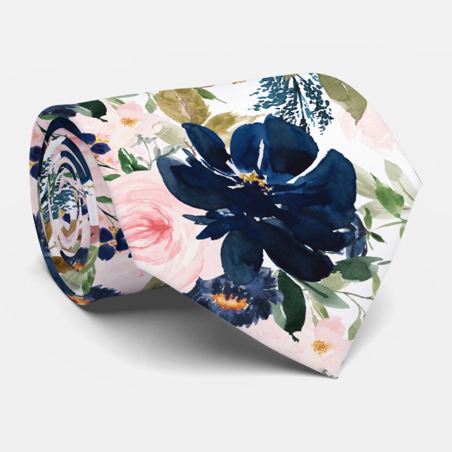 PixDezines H2 Blush Pink Navy Flowers  Tie (Rolled)