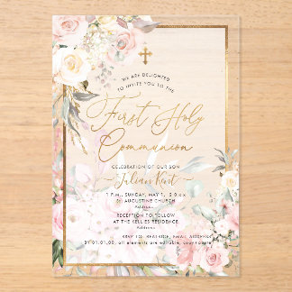 PixDezines H2 Blush Roses First Holy Communion Acrylic Invitations
