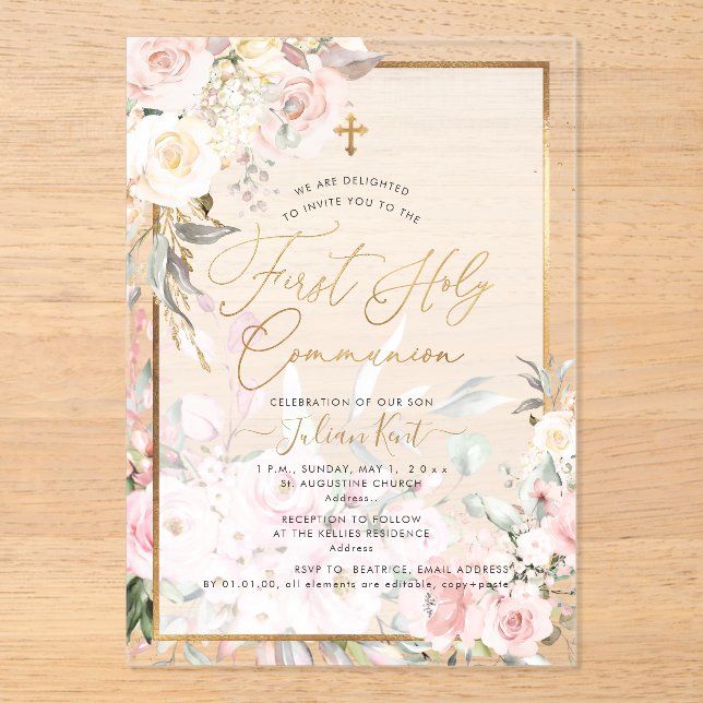 PixDezines H2 Blush Roses First Holy Communion Acrylic Invitations (Front)