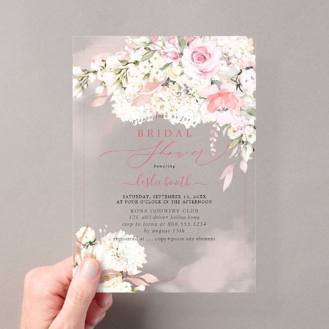 PixDezines H2 Blush Roses Hydrangea Bridal Shower Acrylic Invitations (Insitu (Handheld))