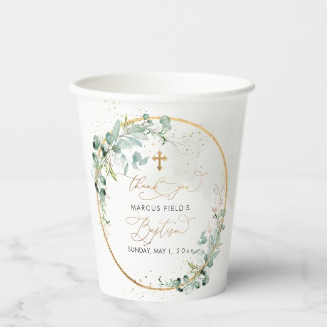 PixDezines H2 Botanical Eucalyptus Wreath Baptism Paper Cups (Front)