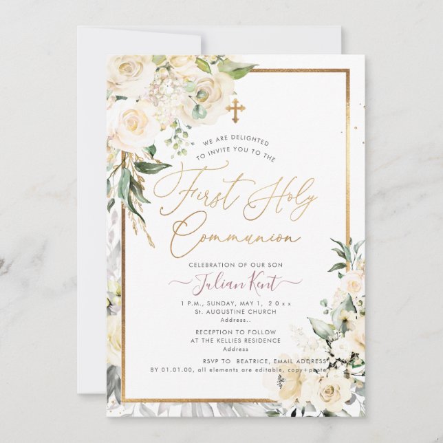 PixDezines H2 Cream Rose First Holy Communion Invitation (Front)