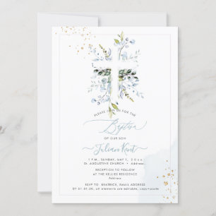 PixDezines H2 Dusty Blue Eucalyptus Baptism Invitation