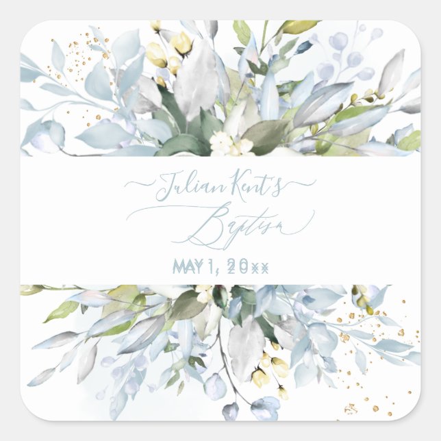 PixDezines H2 Dusty Blue Eucalyptus Baptism Square Sticker (Front)