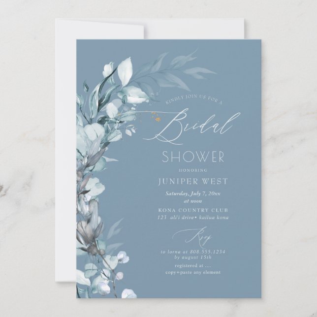 PixDezines H2 Dusty Blue Eucalyptus Bridal Shower Invitation (Front)