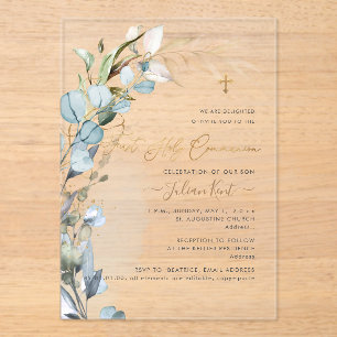 PixDezines H2 Dusty Blue Gum Foliage Communion  Acrylic Invitations