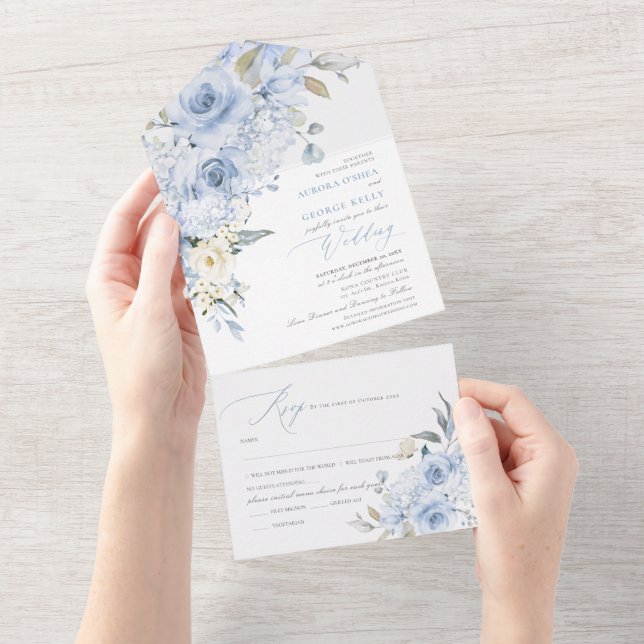 PixDezines H2 Dusty Blue Roses Hydrangea All In One Invitation (Tearaway)