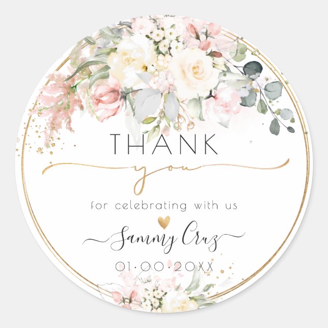 PixDezines H2 Dusty Blush Cream Roses Thank You Classic Round Sticker (Front)