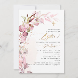 PixDezines H2 Dusty Blush Gum Foliage Baptism Invitation