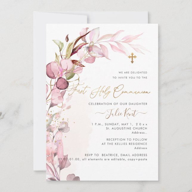 PixDezines H2 Dusty Blush Gum Foliage Communion Invitation (Front)