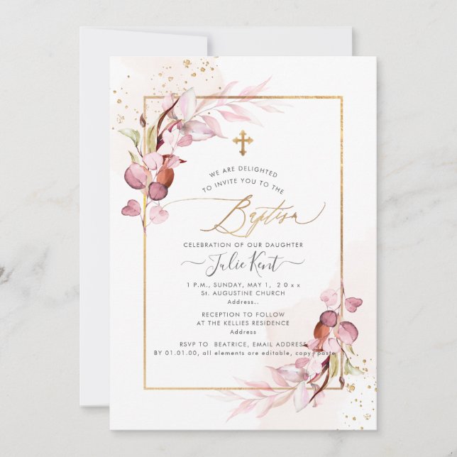 PixDezines H2 Dusty Pink Gum Eucalyptus Baptism Invitation (Front)