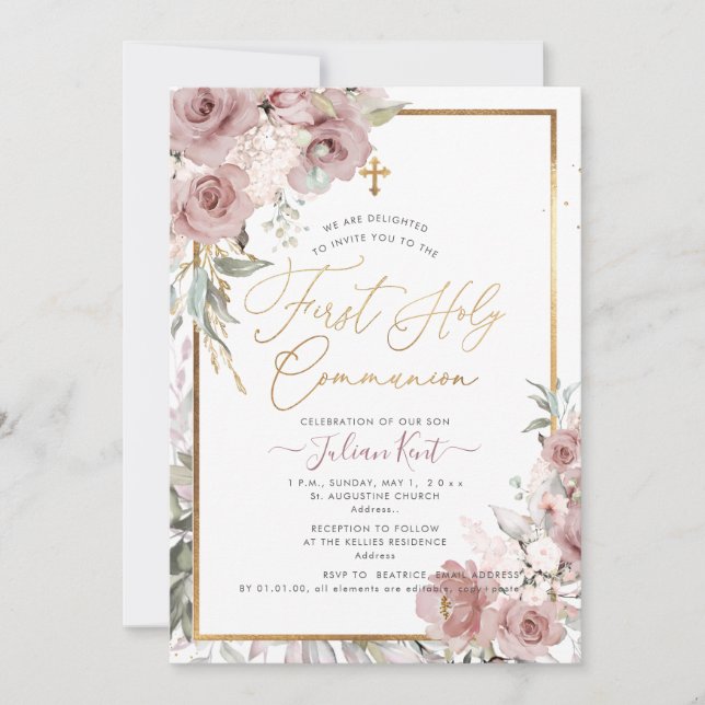 PixDezines H2 Dusty Rose First Holy Communion Invitation (Front)