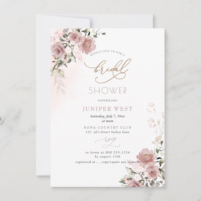 PixDezines H2 Dusty Rose Floral Bridal Shower  Save The Date (Front)