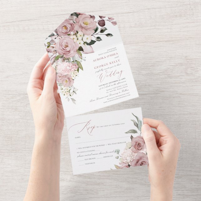 PixDezines H2 Dusty Rose Flowers  All In One Invitation (Tearaway)