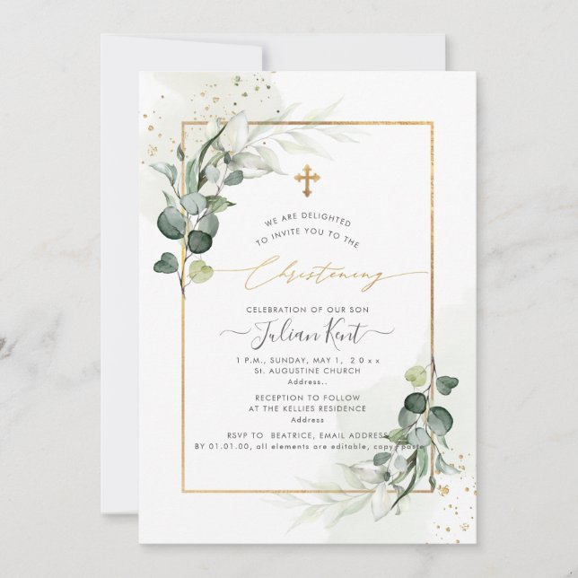PixDezines H2 Eucalyptus Christening Invitation (Front)