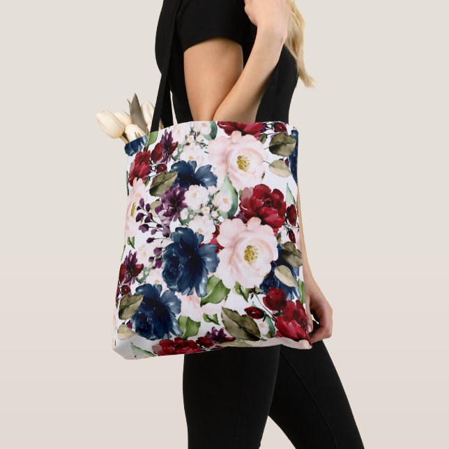 PixDezines H2 Flowers Blush Burgundy Navy Tote Bag (Close Up)