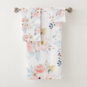 PixDezines H2 Flowers Blush Dusty Blue Bath Towel Set