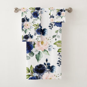 PixDezines H2 Flowers Blush Navy Blue Bath Towel Set