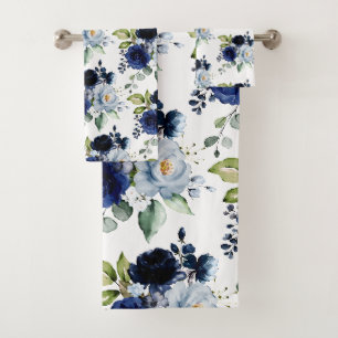 PixDezines H2 Flowers Navy Dusty Blue Bath Towel Set