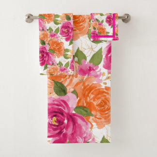PixDezines H2 Flowers Orange Hot Pink Roses Bath Towel Set