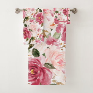 PixDezines H2 Flowers Raspberry Blush Pink Roses Bath Towel Set
