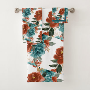 PixDezines H2 Flowers Teal Rust Orange Roses Bath Towel Set