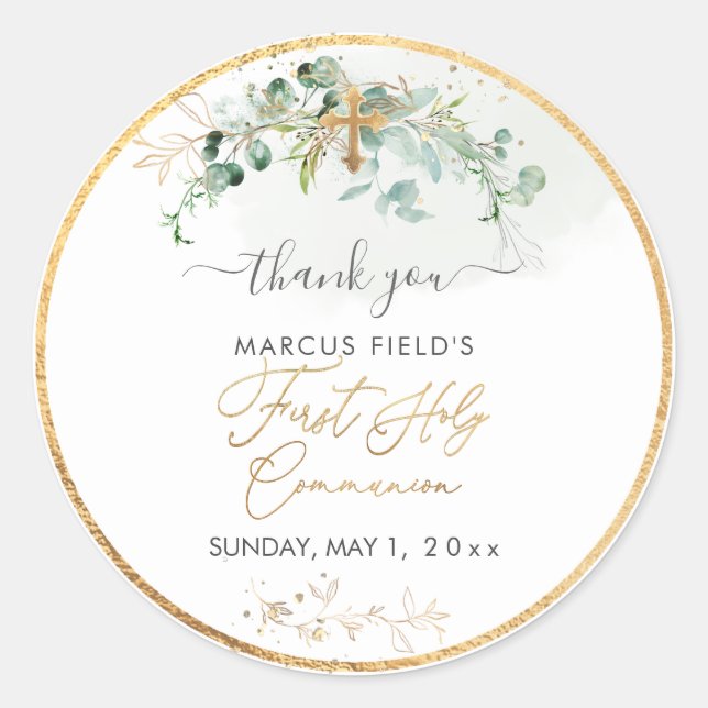 PixDezines H2 Greenery  Eucalyptus Holy Communion Classic Round Sticker (Front)