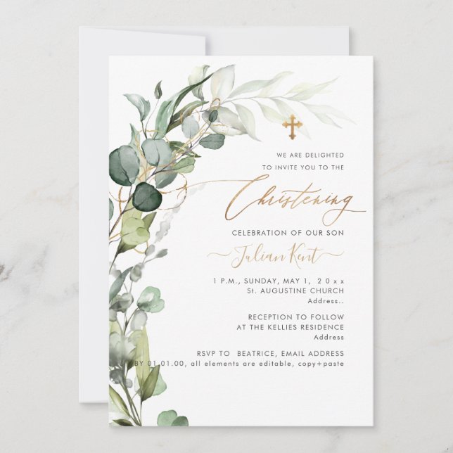 PixDezines H2 Greenery Gum Foliage Christening Inv Invitation (Front)