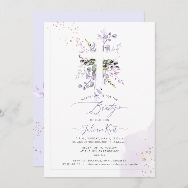 PixDezines H2 Lilac Purple Eucalyptus Bautizo Invitation (Front/Back)