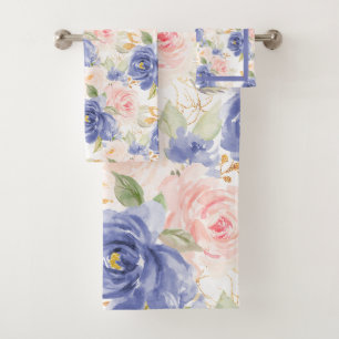 PixDezines H2 Mediterranean Blue Pink Roses Bath Towel Set