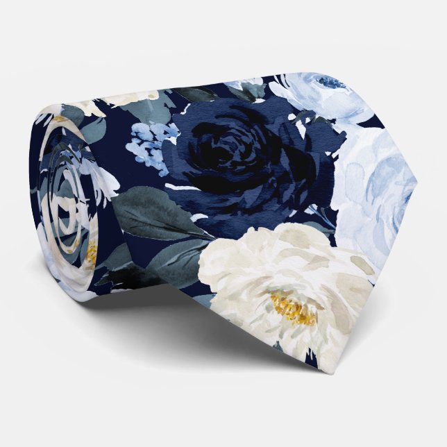 PixDezines H2 Navy+Dusty Blue Roses Tie (Rolled)
