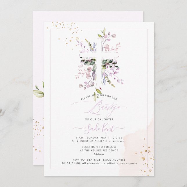 PixDezines H2 Pink Eucalyptus Bautizo Invitation (Front/Back)