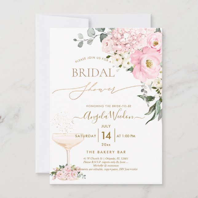 PixDezines H2 Pink Hydrangea Roses Bridal Shower Invitation (Front)