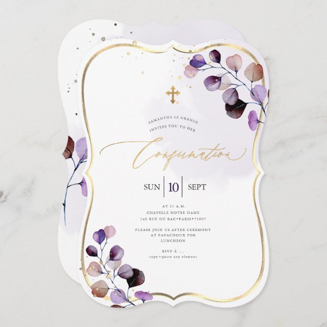PixDezines H2 Purple Eucalyptus Confirmation Invitation (Front/Back)