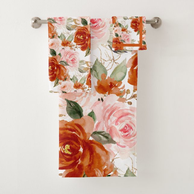 PixDezines H2 Rust Orange n Blush Pink Roses   Bath Towel Set (Insitu)