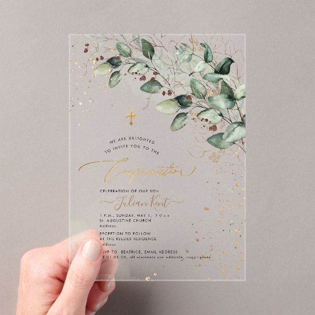PixDezines H2 Rustic Gum Eucalyptus Confirmation Acrylic Invitations (Insitu (Handheld))