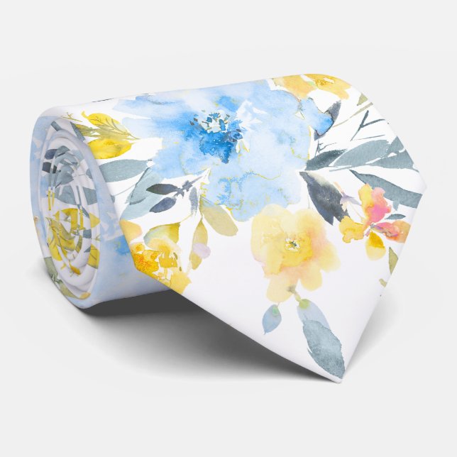PixDezines H2 Spring Flowers Yellow Blue Roses Tie (Rolled)