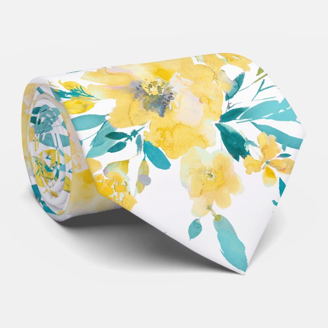 PixDezines H2 Spring Flowers Yellow Blue Roses Tie (Rolled)