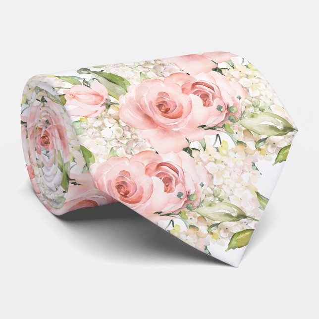 PixDezines H2 Summer Blush Pink Roses Hydrangea Tie (Rolled)