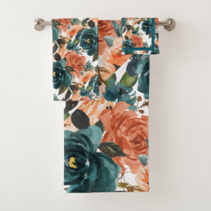 PixDezines H2 Teal Green Blush Pink Roses Bath Towel Set