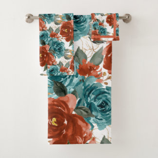 PixDezines H2 Teal Green Blush Pink Roses Bath Towel Set