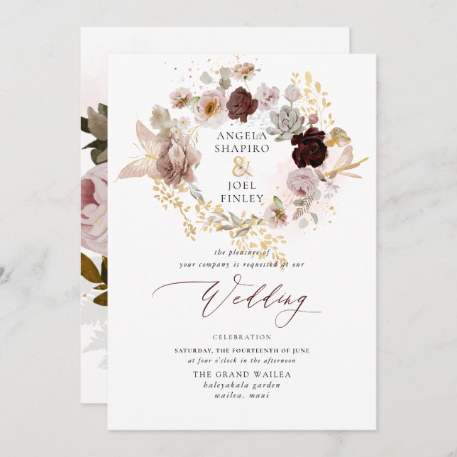 PixDezines H2 Vintage Blush Burgundy Flowers Invitation (Front/Back)